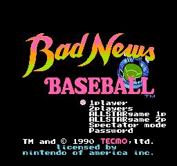 Bad News Baseball title screen for NES